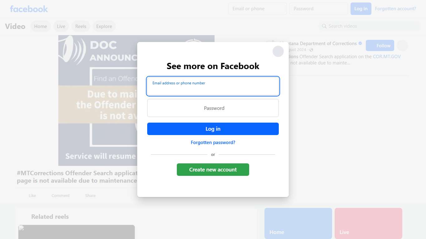 #MTCorrections Offender Search application on the COR.MT.GOV web page is not available due to maintenance. Service will resume as soon as possible. Thank you for your patience and understanding. Montana Department of Corrections Facebook